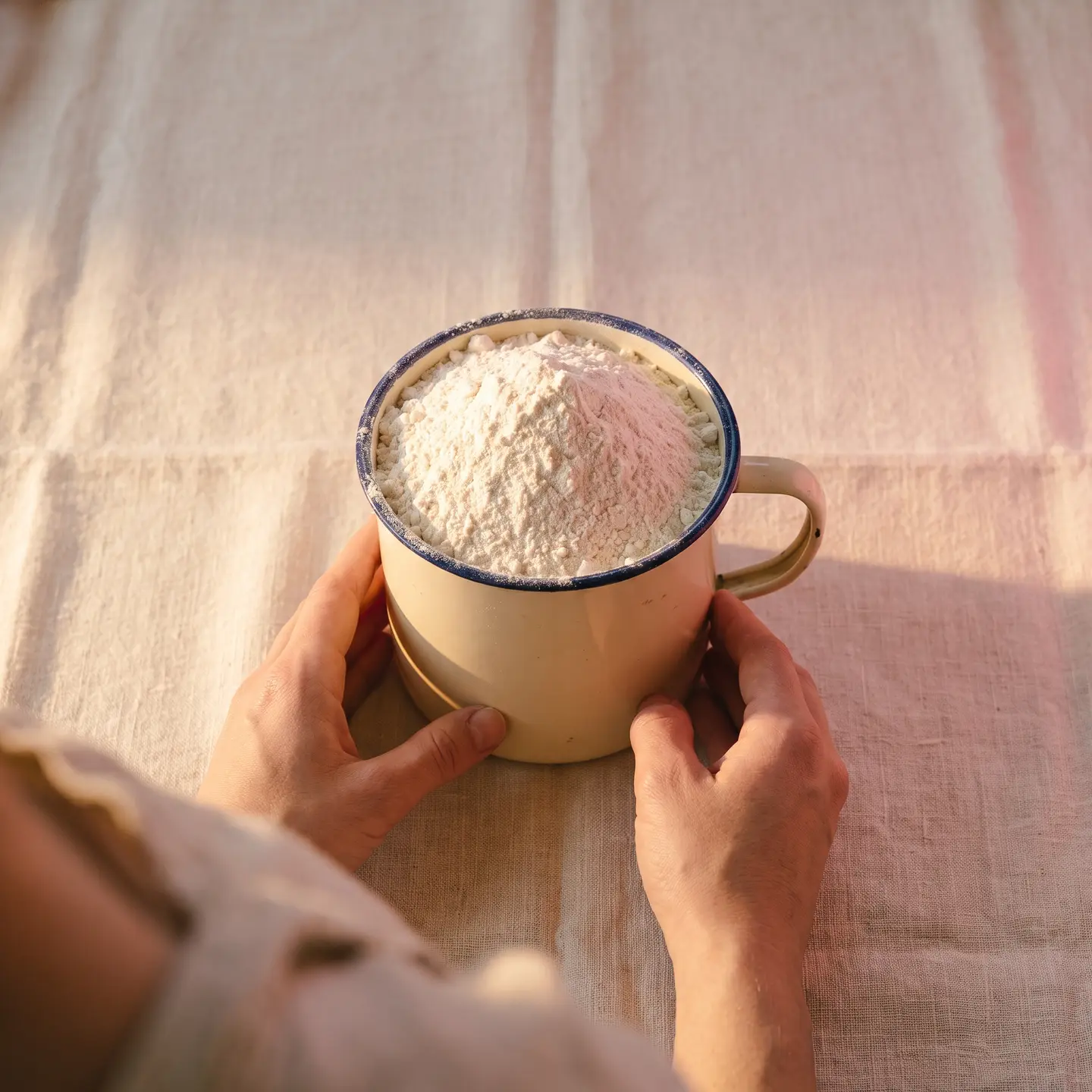 An enamel measuring cup heaped with white flour on cream linen, seen from above