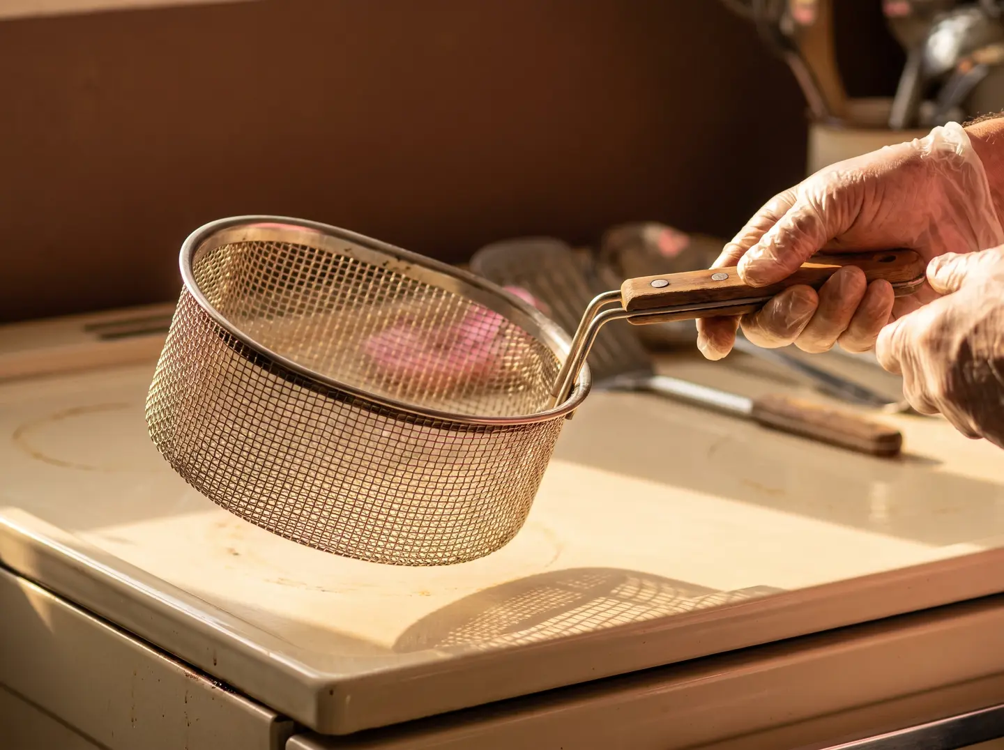 An empty steel wire fry basket with a wooden handle resting on a cream counter
