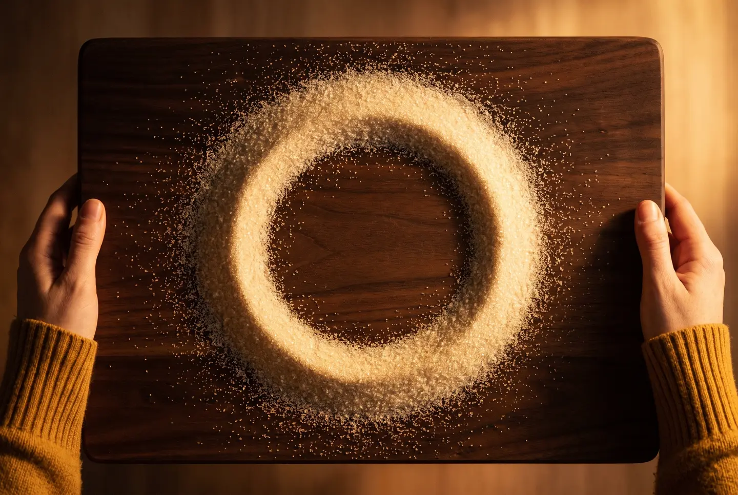 Granulated sugar poured into a complete ring on a dark cocoa-brown wooden board, lit from the side