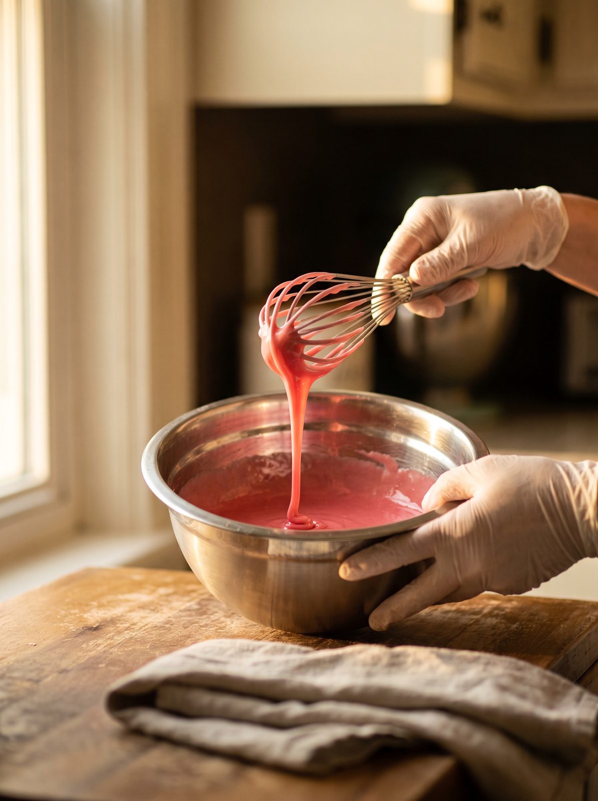 Glossy pink glaze sheeting off a steel whisk into a brushed steel bowl